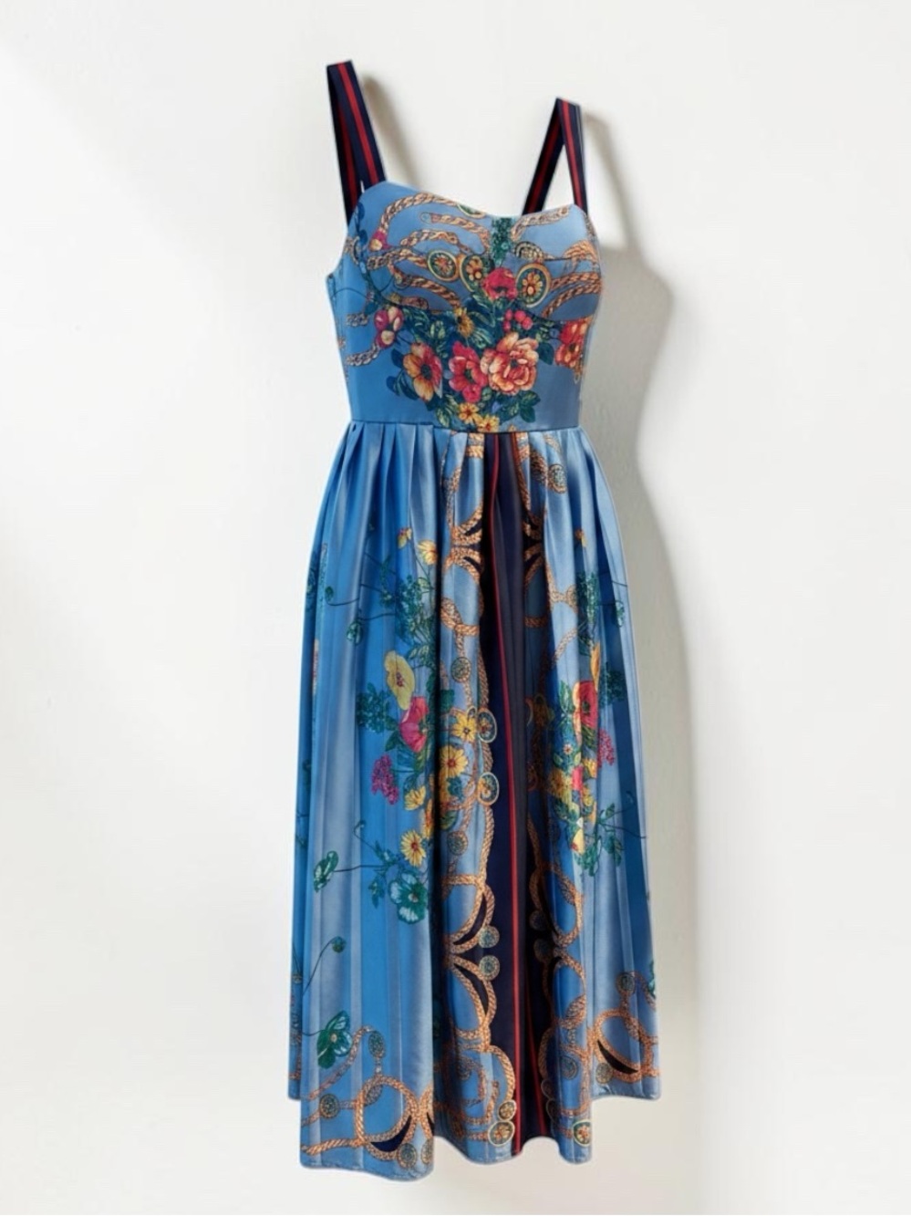 Dalia Macphee Blue Chain-Print Satin Dress - Size S